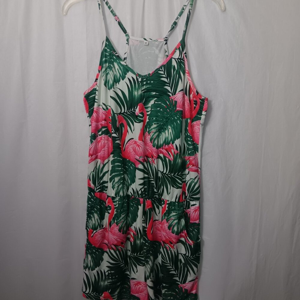 WOMEN'S FLAMINGOS TROPICAL LEAVES POCKET ROMPER - Picture 11 of 12